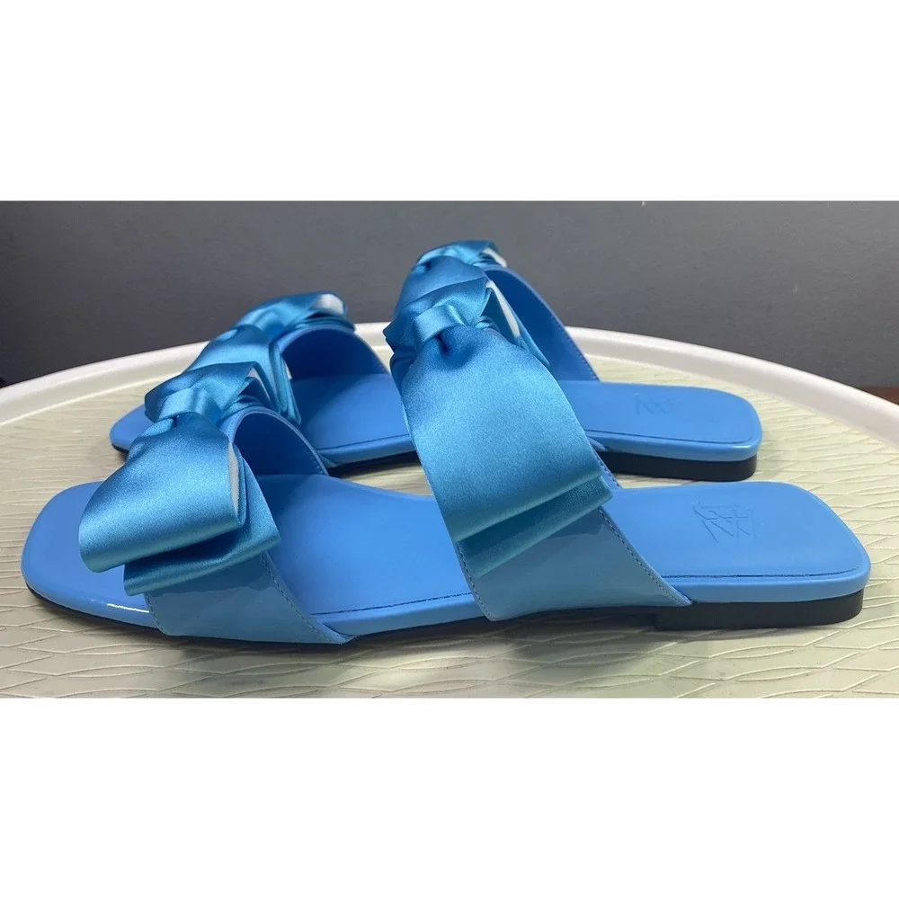 Aminah Abdul Jillil Jody Bow Flat Sandal Blue Square Toe Slide 9M Satin Shoe NWB